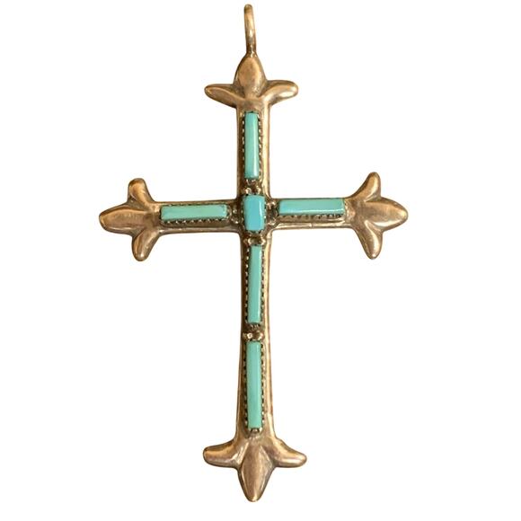 Zuni Artist G&L Leekity Pendant Sterling Silver and Turquoise Large Cross - Picture 4 of 7